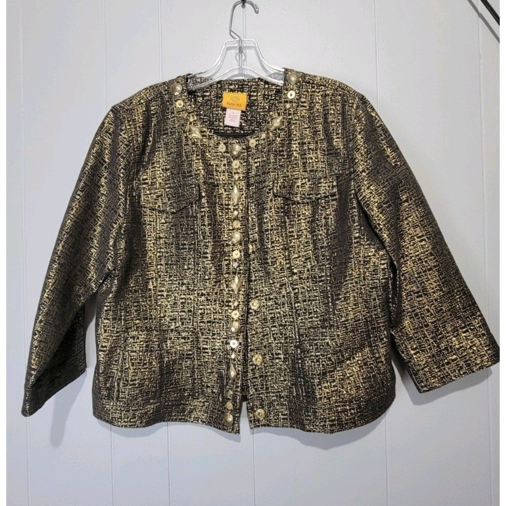 WOMENS BLACK GOLD BROCADE RUBY RD SUIT COAT CAREER BLAZER JACKET SIZE 14